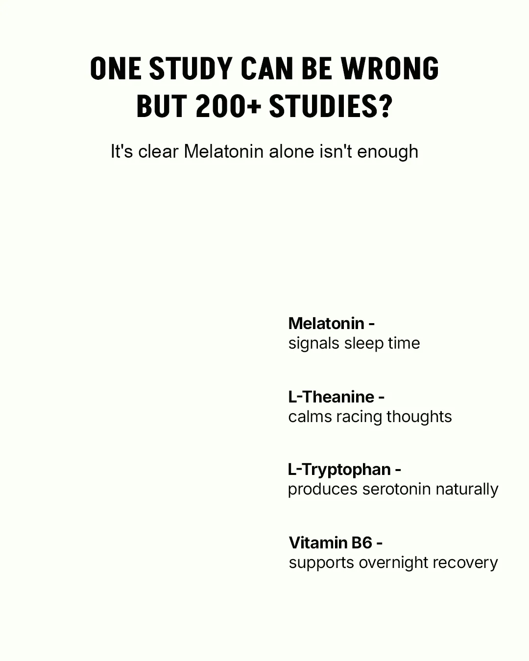 Static ad creative: "ONE STUDY CAN BE WRONG BUT 200+ STUDIES? It's clear Melatonin alone isn't enough"