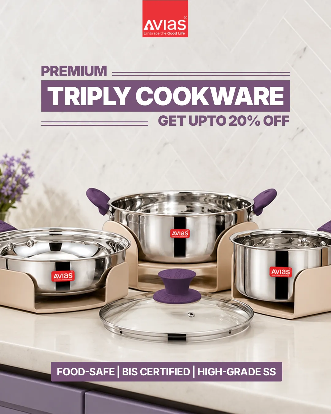 Cookware static ad: "Food-safe | bis certified | high-grade ss"