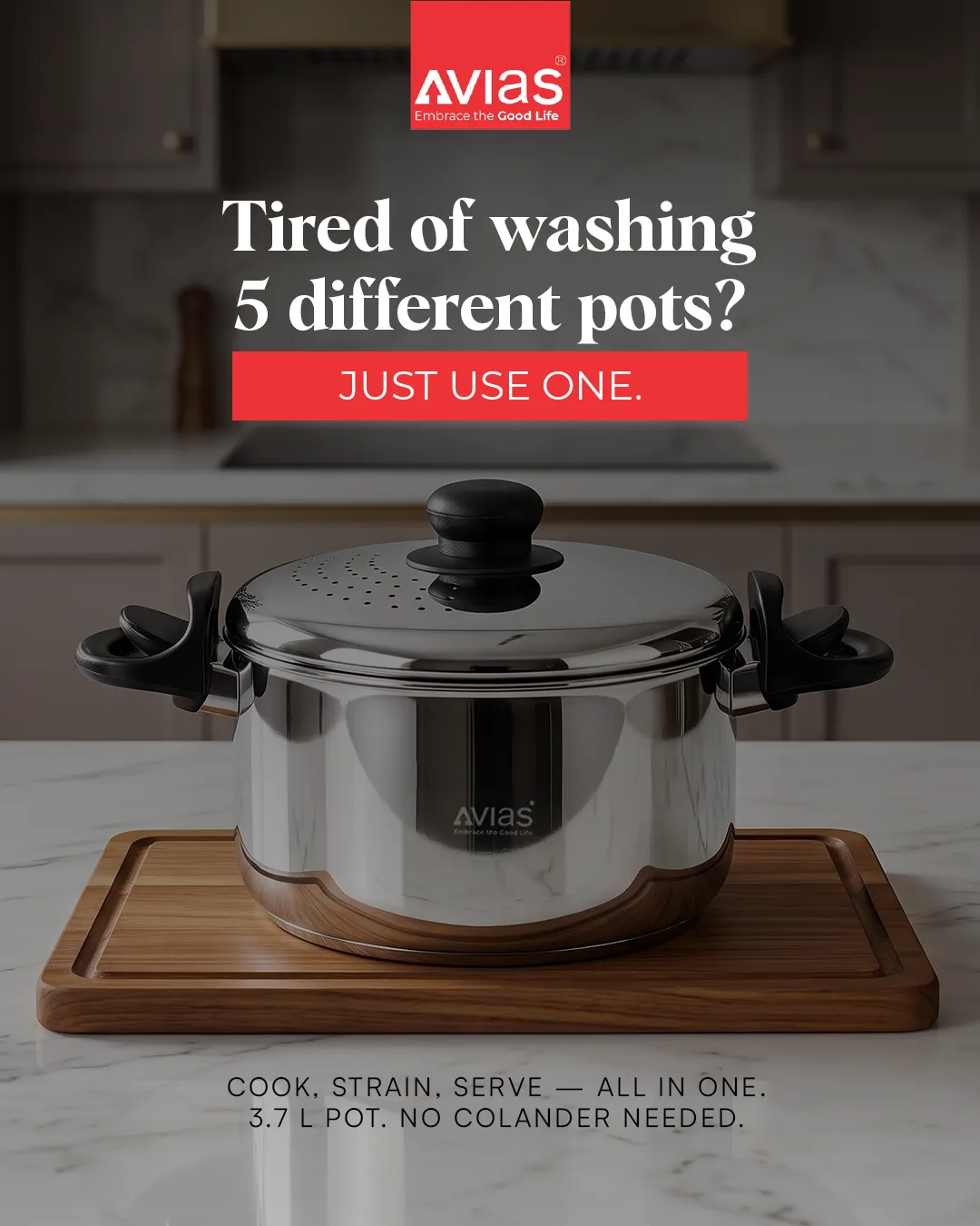 Cookware static ad: "Tired of washing 5 different pots?"