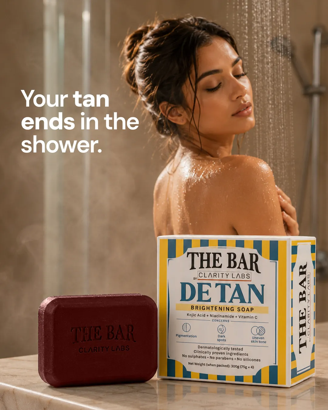 Skincare static ad: "Your tan ends in the shower."