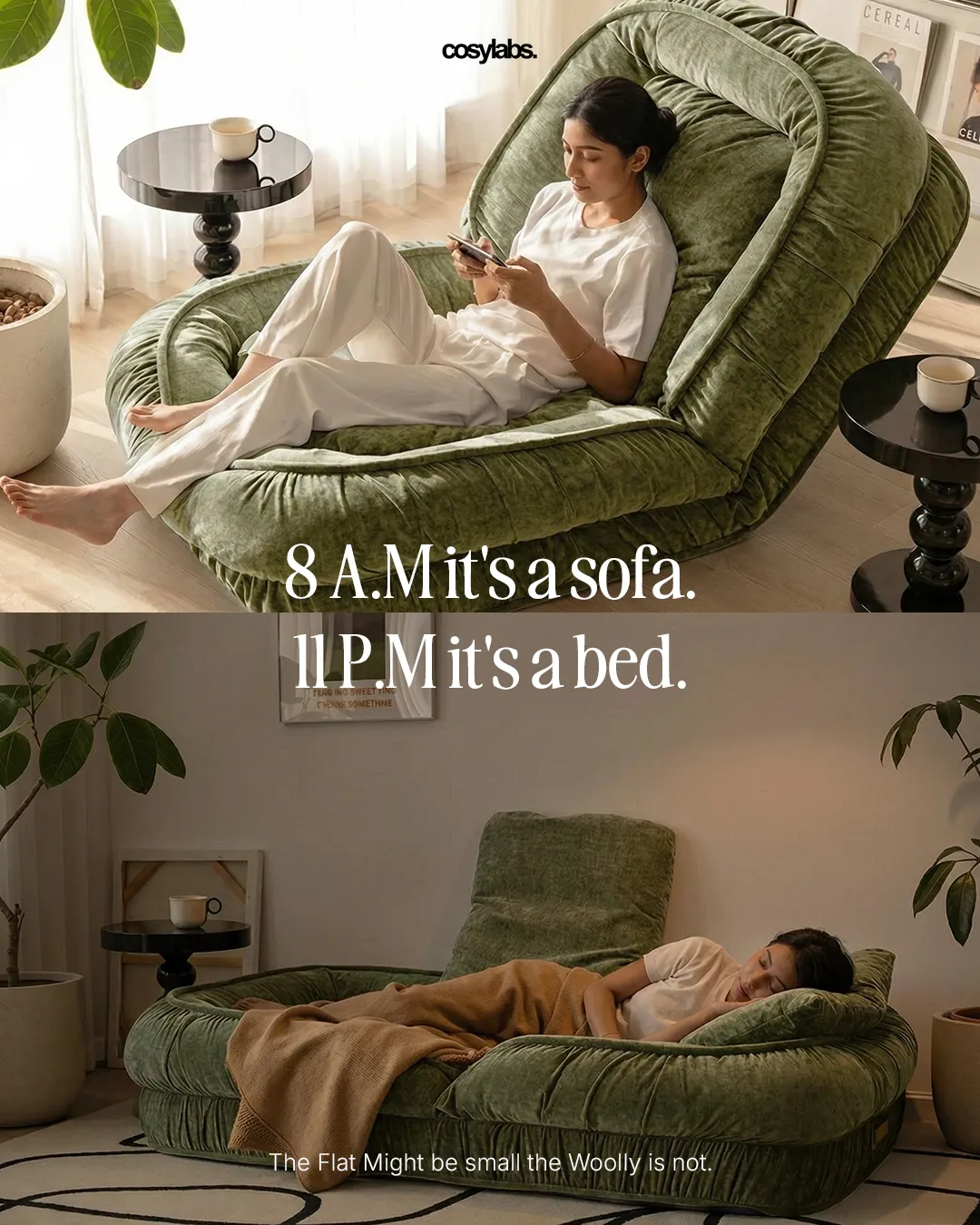 Home & living static ad: "8 A.M it's a sofa. 11 P.M it's a bed."