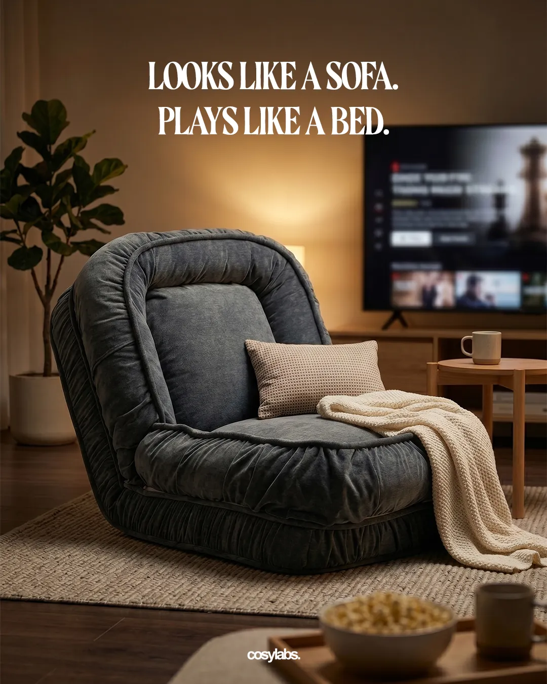 Static ad creative: "Looks like a sofa. Plays like a bed."