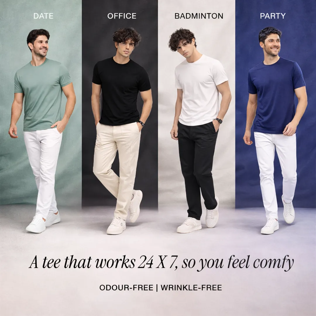 Static ad creative: "A tee that works 24 X 7, so you feel comfy"
