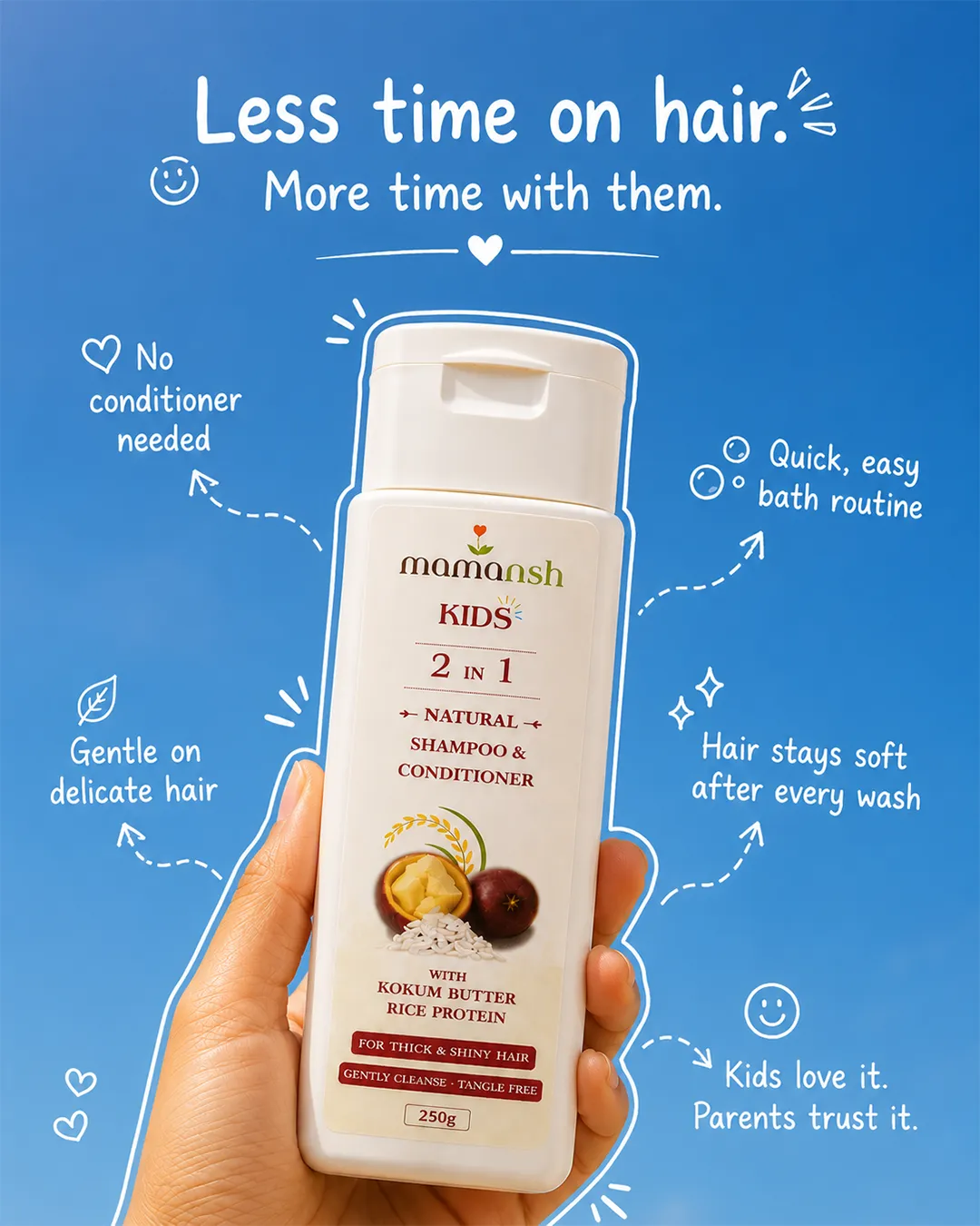 Baby care static ad: "Less time on hair."