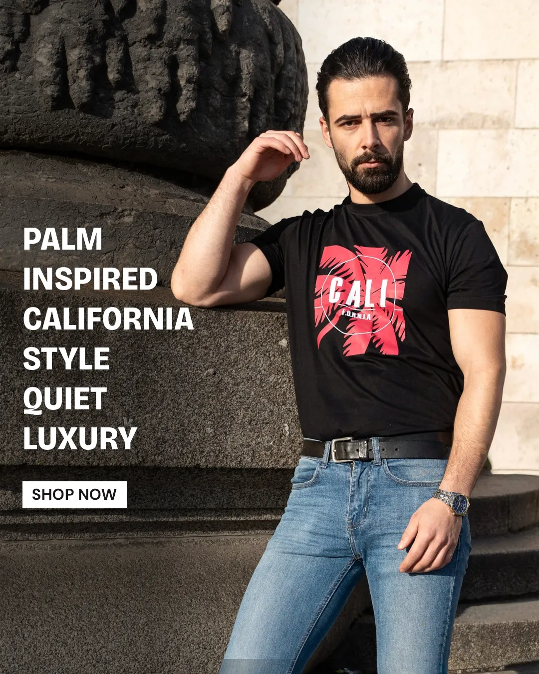 Static ad creative: "Palm inspired california style quiet luxury"