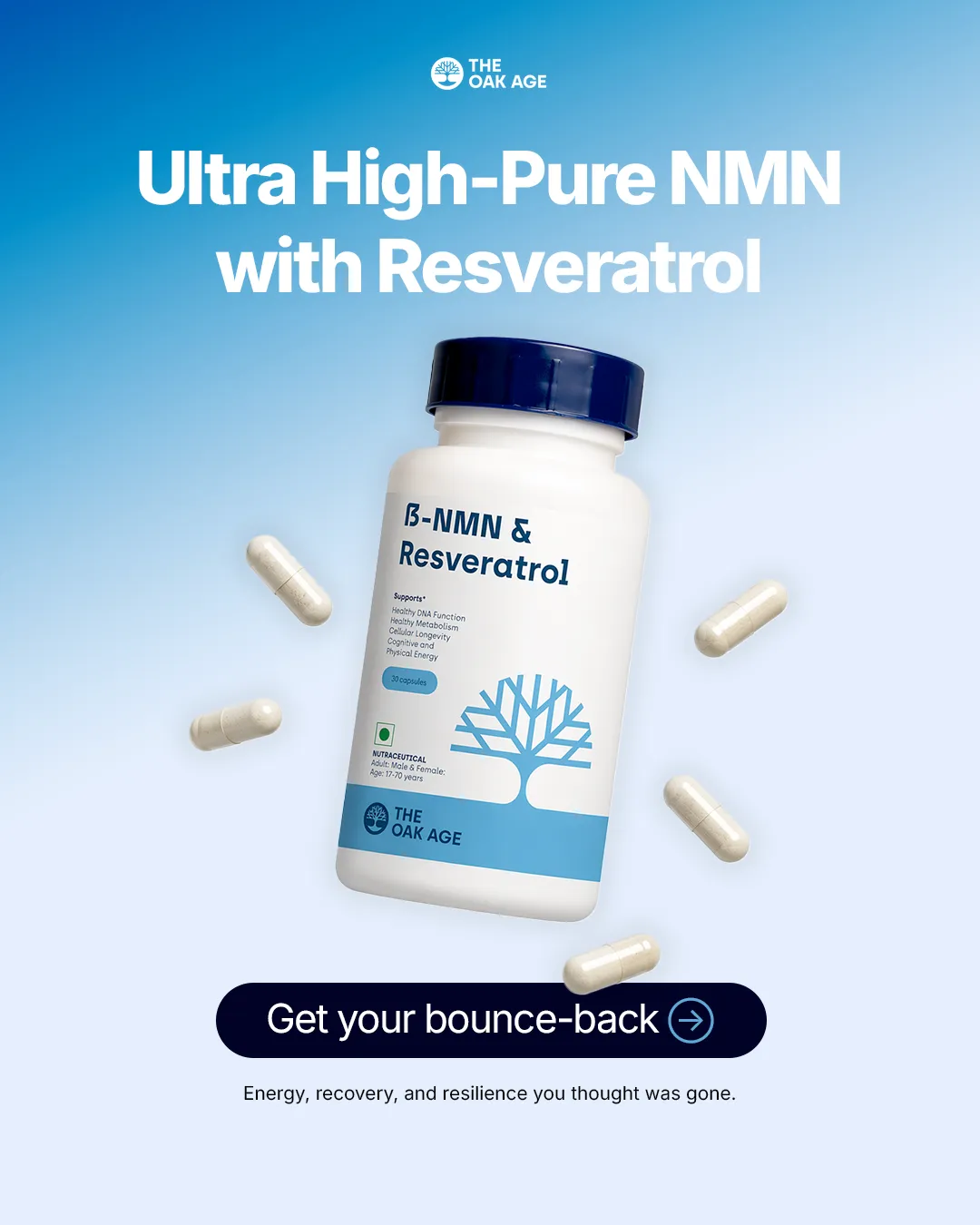 Supplements static ad: "Ultra High-Pure NMN with Resveratrol"