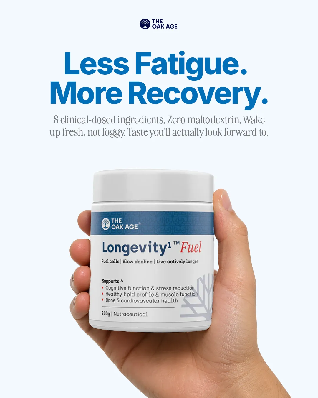 Supplements static ad: "Less Fatigue. More Recovery."