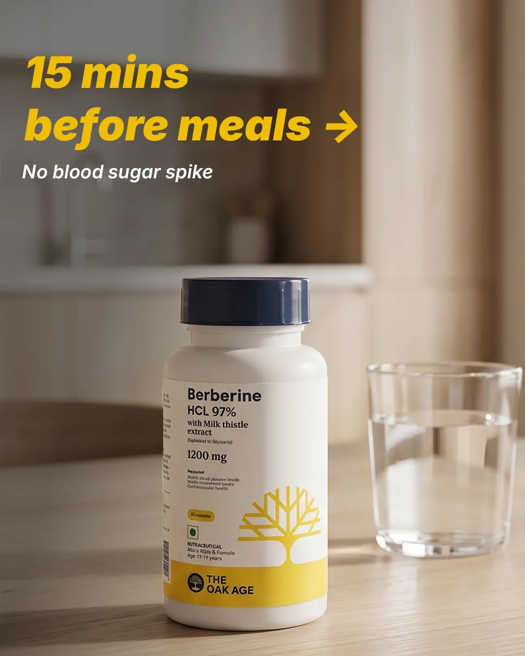 Supplements static ad: "15 mins before meals →"