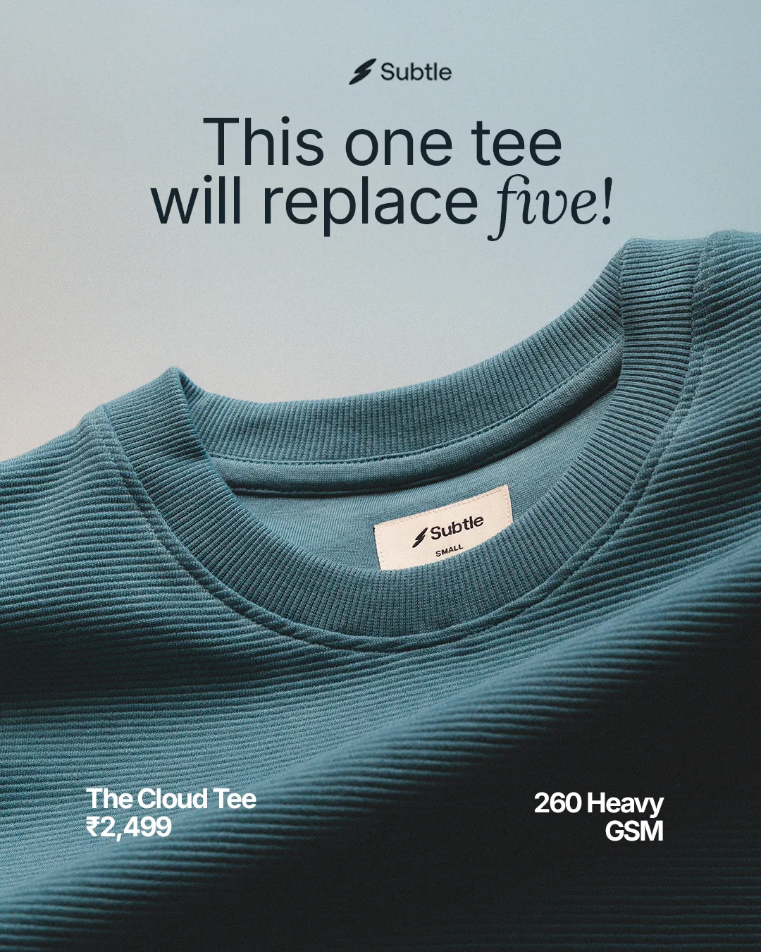 Menswear static ad: "This one tee will replace five!"
