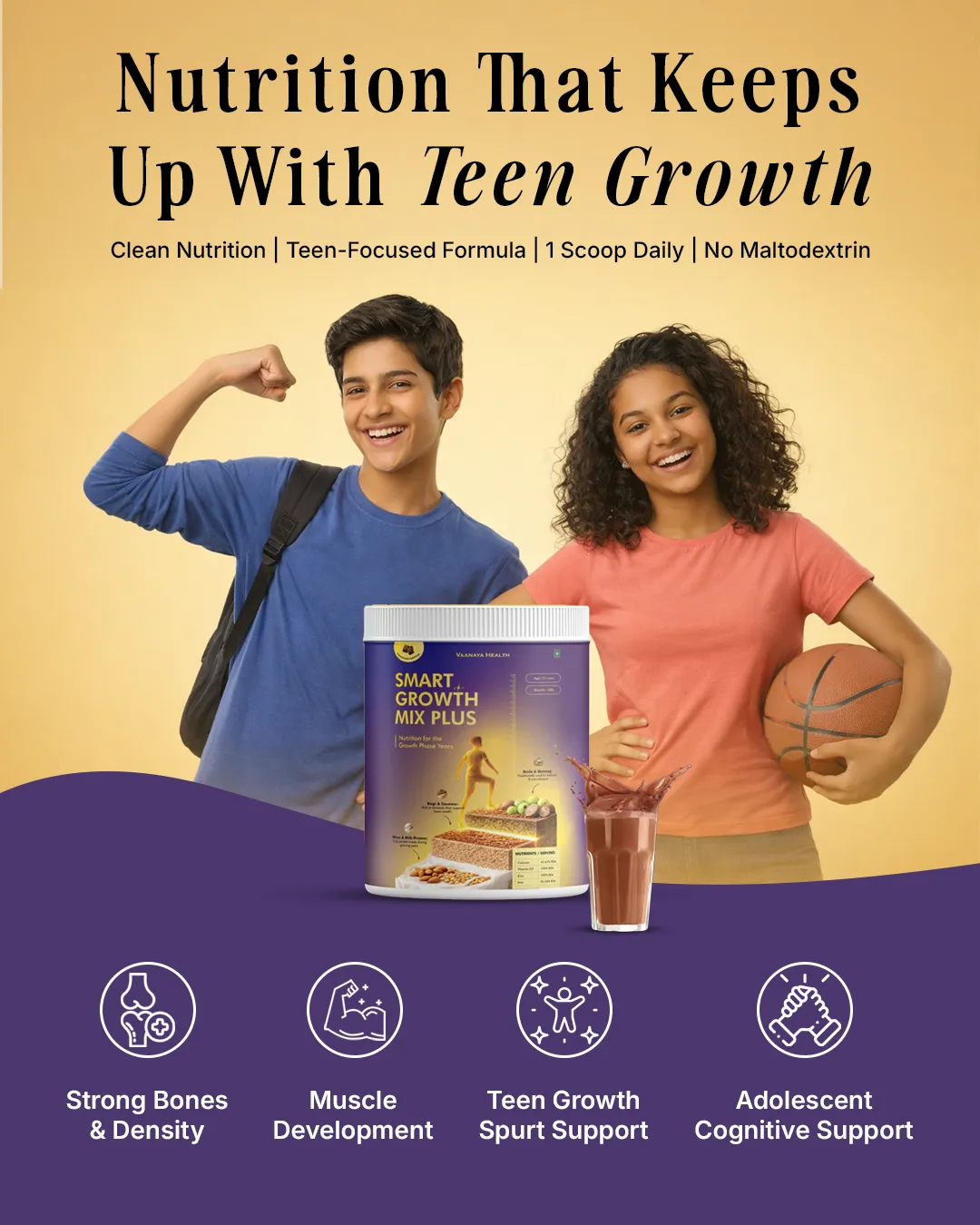 Static ad creative: "Clean Nutrition | Teen-Focused Formula | 1 Scoop Daily | No Maltodextrin"
